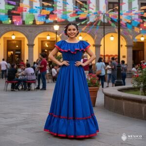 Traditional Mexican Solid Blue Dress Set – Handmade Two-Piece